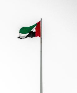 The United Arab Emirates national flag flying high on a flagpole against a clear sky.
